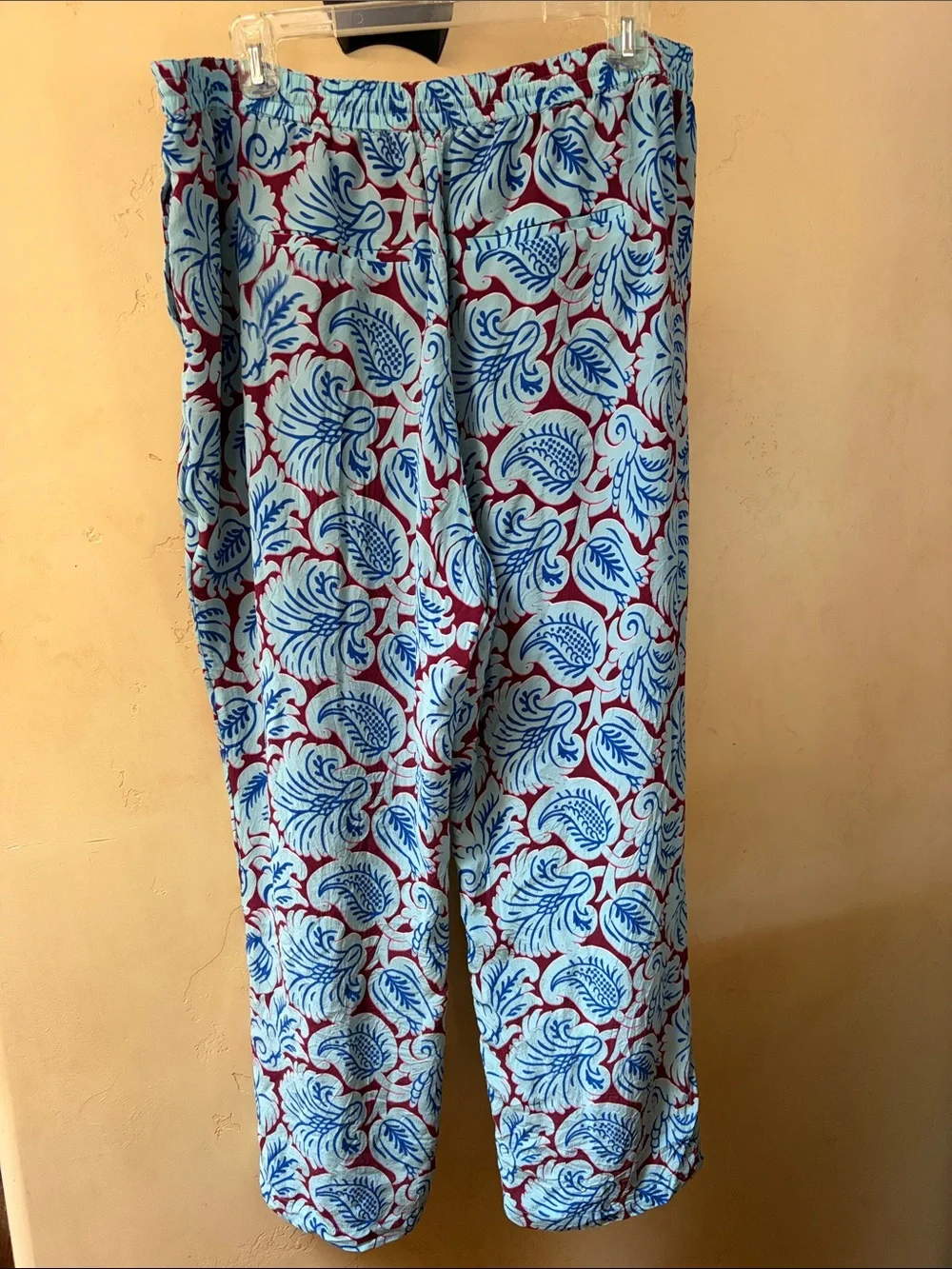Sz 16 J.Crew Light Blue & Maroon Printed 100% Silk Pants
